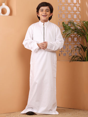 Nabia White Solid Thobe / Jubba For Kids Boys