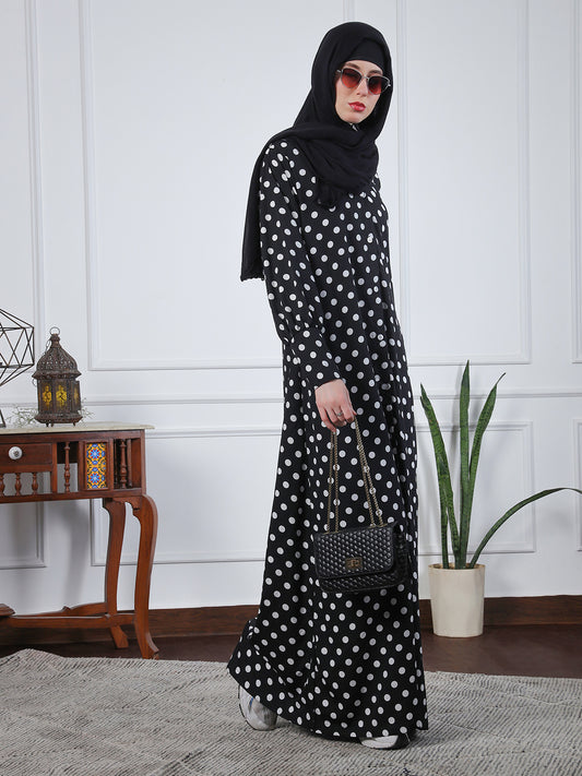 Nabia Women Black Polka Dot Printed Front Open Abaya Burqa With Black Georgette Scarf