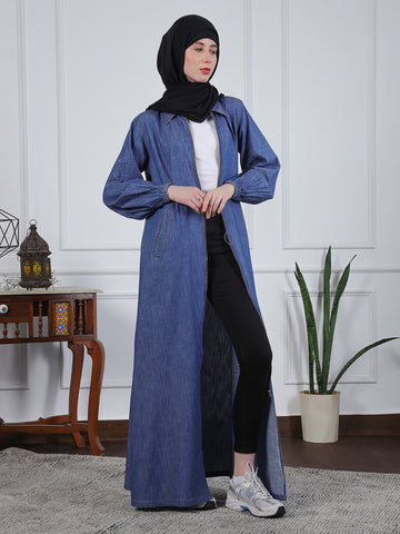 Nabia Women Front Open Zip-Closure Denim Abaya With Black Georgette Scarf