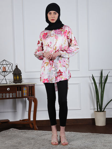 Nabia Multi-Color Floral Printed Front Open Modest Shirt for Women