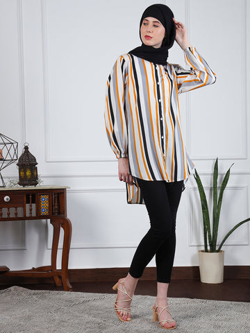 Nabia Multi-Color Front Open Striped Modest Shirt for Women