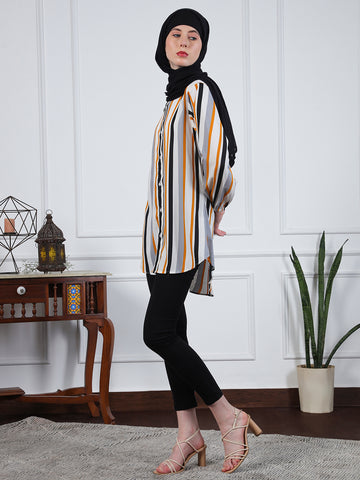 Nabia Multi-Color Front Open Striped Modest Shirt for Women