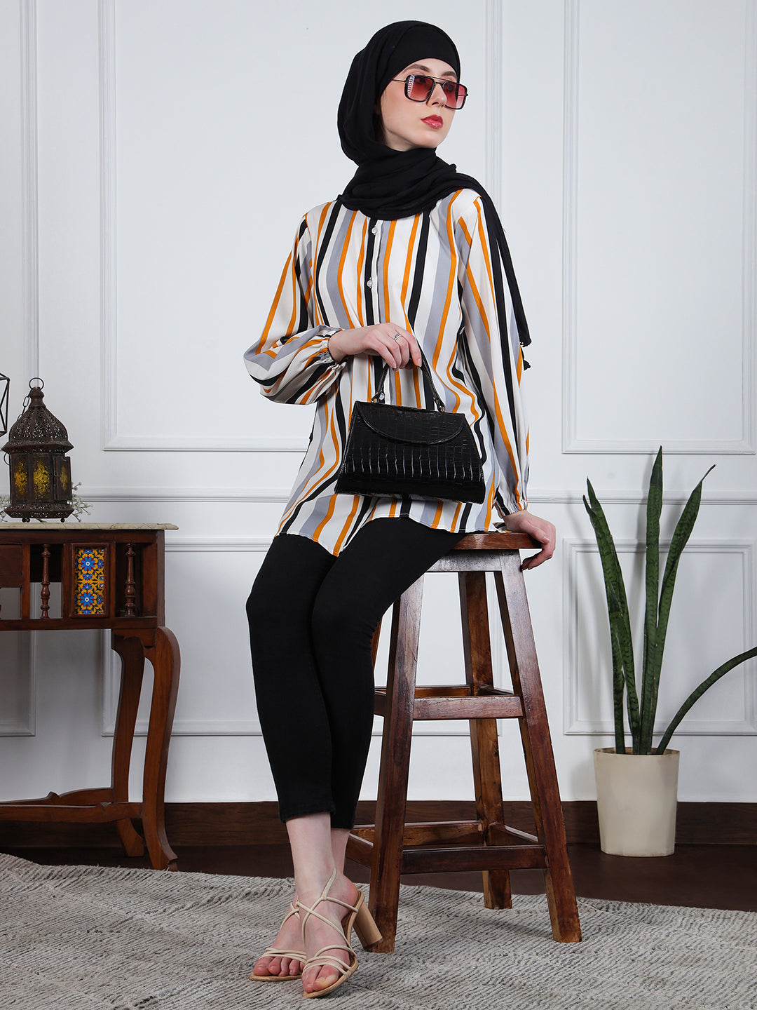 Nabia Multi-Color Front Open Striped Modest Shirt for Women