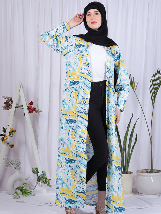 Multi-Color Printed Front Open Abaya Burqa With Black Georgette Scarf