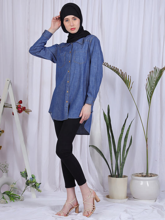 Blue Denim Front Open Modest Shirt For Women