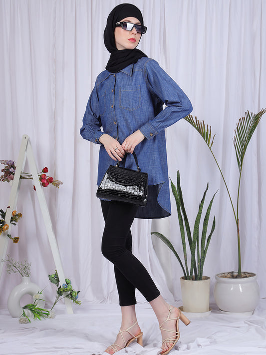 Blue Denim Front Open Modest Shirt For Women