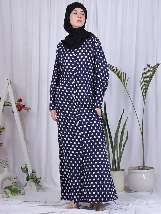 Nabia Women Blue Polka Dot Printed Front Open Abaya Burqa With Black Georgette Scarf