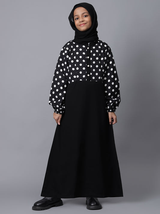 Black & White Polka Dot Printed Modest Kids Abaya For Girls