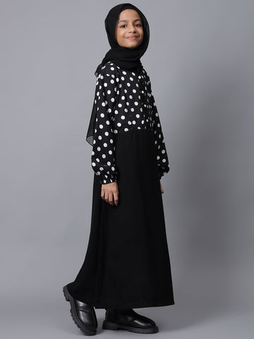 Black & White Polka Dot Printed Modest Kids Abaya For Girls