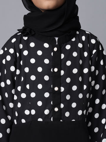 Black & White Polka Dot Printed Modest Kids Abaya For Girls