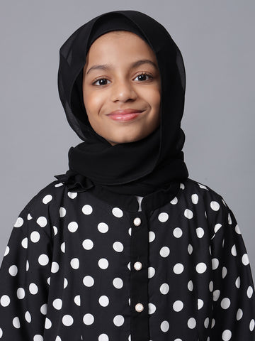 Black & White Polka Dot Printed Modest Kids Abaya For Girls