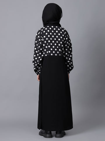 Black & White Polka Dot Printed Modest Kids Abaya For Girls