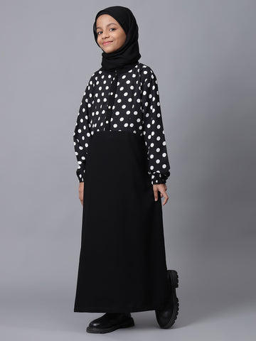 Black & White Polka Dot Printed Modest Kids Abaya For Girls