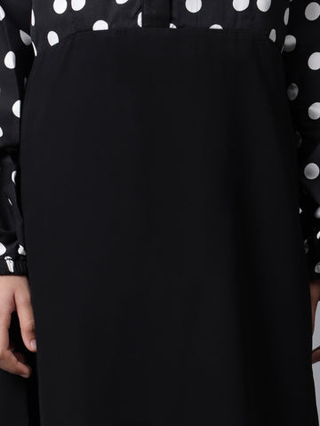 Black & White Polka Dot Printed Modest Kids Abaya For Girls