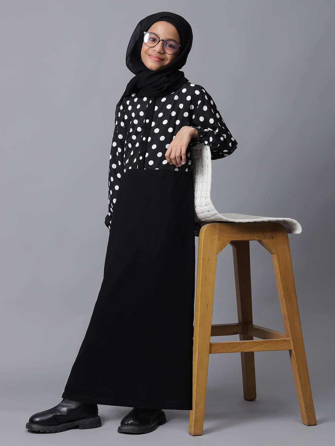 Black & White Polka Dot Printed Modest Kids Abaya For Girls