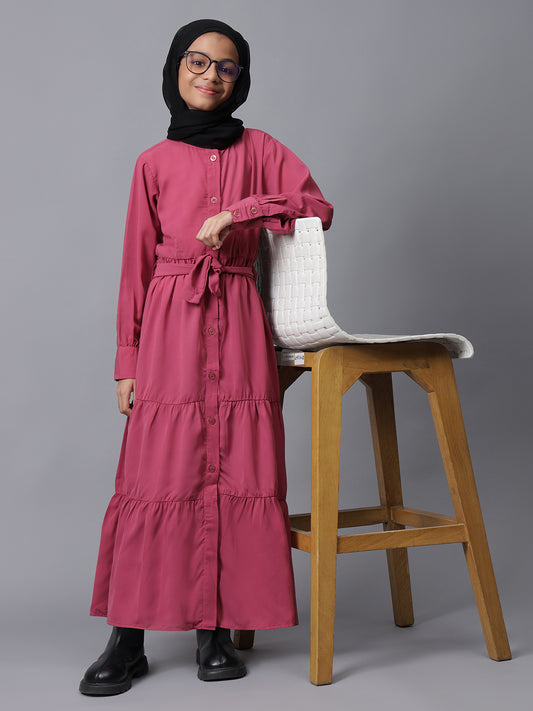 Nabia Pink Solid Front Open Frilled Modest Kids Abaya For Girls