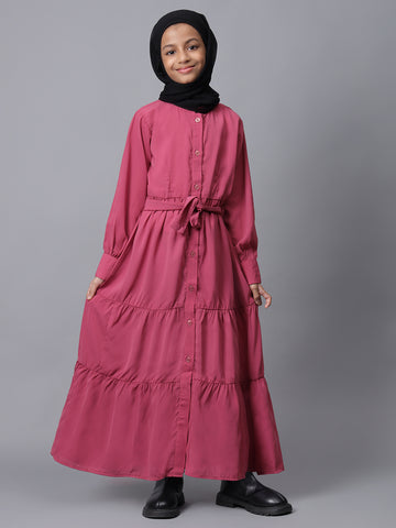 Nabia Pink Solid Front Open Frilled Modest Kids Abaya For Girls