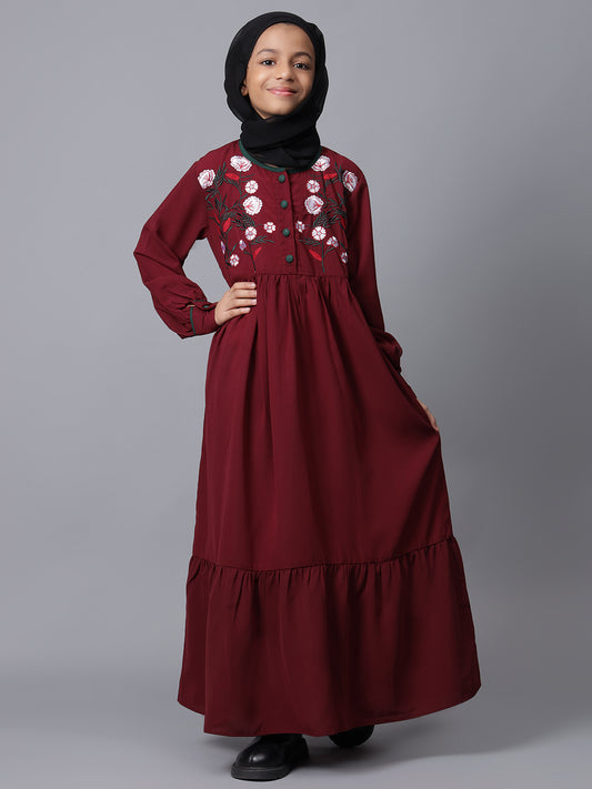 Embroidery Details Solid Maroon Modest Kids Abaya For Girls