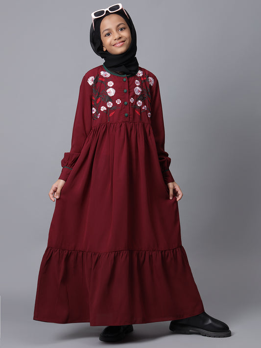 Embroidery Details Solid Maroon Modest Kids Abaya For Girls