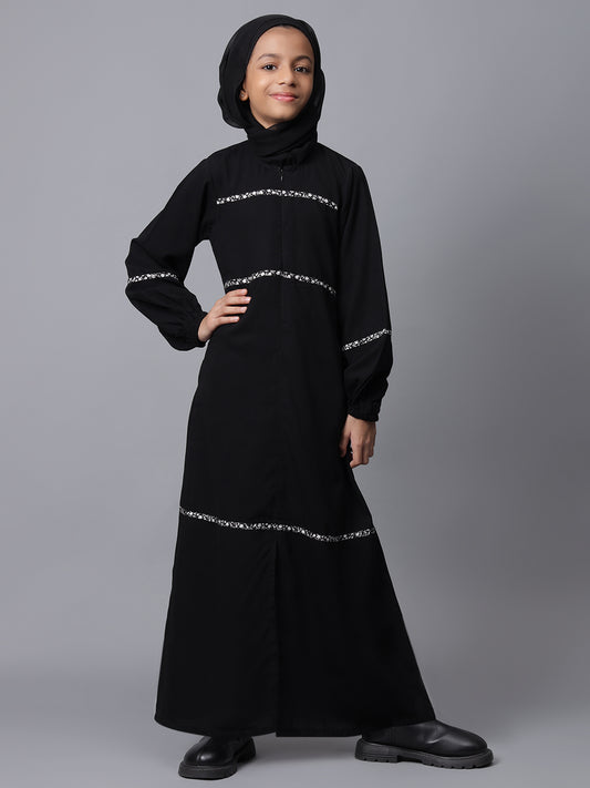 Nabia Black Solid Zip Closure Modest Kids Abaya For Girls