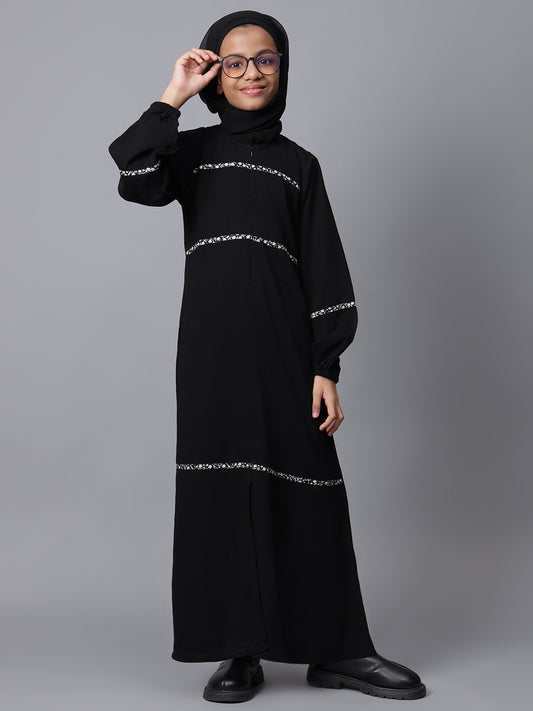 Nabia Black Solid Zip Closure Modest Kids Abaya For Girls