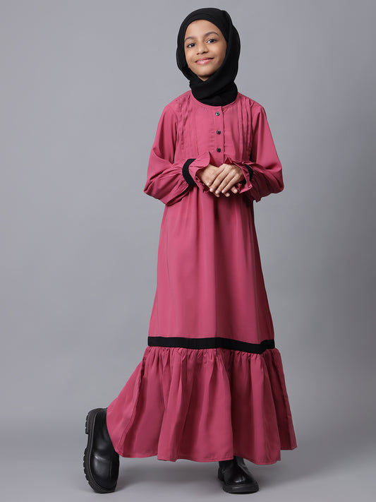 Nabia Pink Solid Round Neck Modest Kids Abaya For Girls