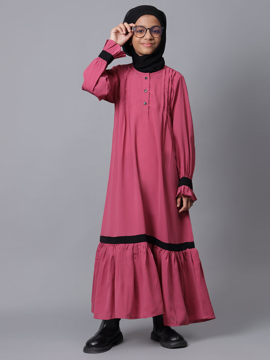 Nabia Pink Solid Round Neck Modest Kids Abaya For Girls