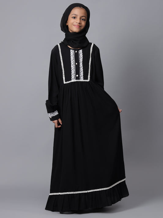 Black Solid Lace Detailing Modest Kids Abaya For Girls