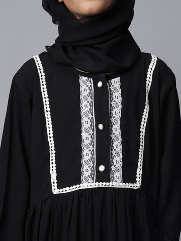 Black Solid Lace Detailing Modest Kids Abaya For Girls