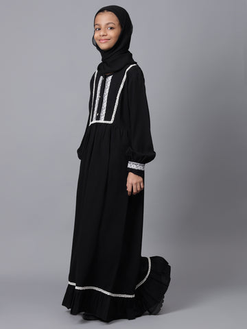 Black Solid Lace Detailing Modest Kids Abaya For Girls