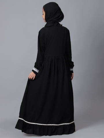 Black Solid Lace Detailing Modest Kids Abaya For Girls