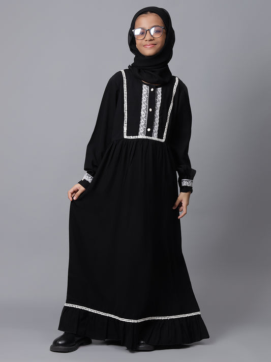 Black Solid Lace Detailing Modest Kids Abaya For Girls