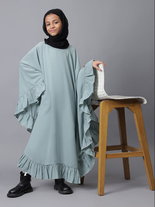 Sea Green Loose-fit Kaftan Abaya for Modest Kids Girls