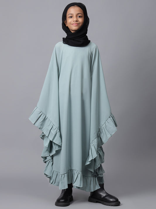 Sea Green Loose-fit Kaftan Abaya for Modest Kids Girls