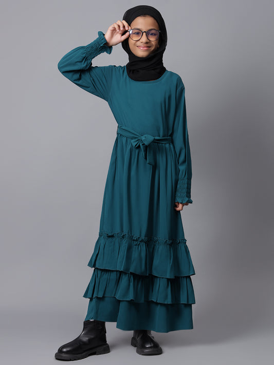 Nabia Bottle Green Frilled Abaya for Modest Kids Girls