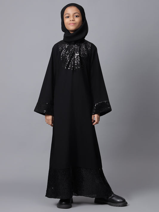 Nabia Black Sequin Detailing Solid Abaya for Modest Kids Girls