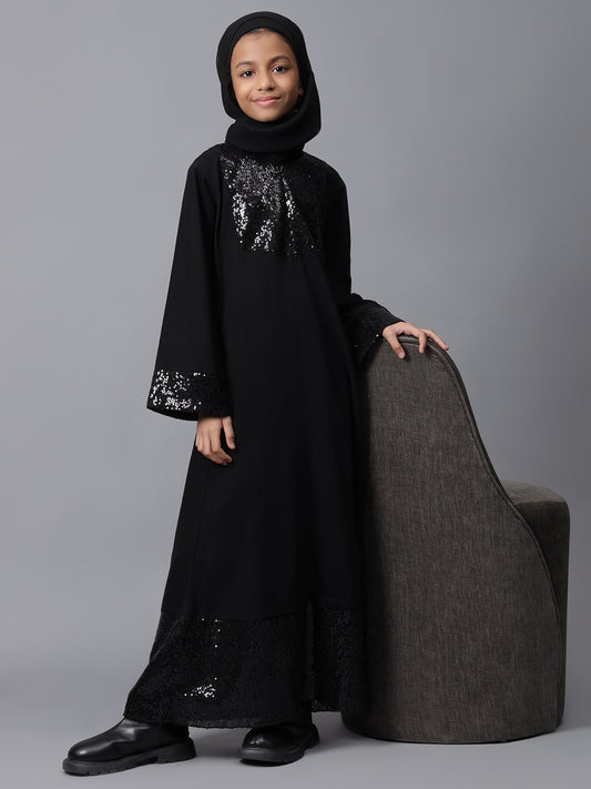 Nabia Black Sequin Detailing Solid Abaya for Modest Kids Girls