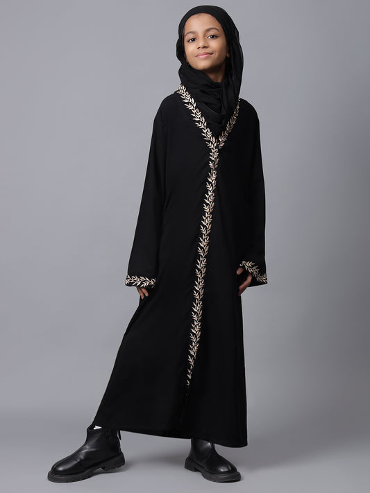 Embroidery Detailing Black Solid Abaya for Modest Kids Girls