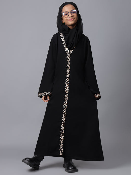 Embroidery Detailing Black Solid Abaya for Modest Kids Girls