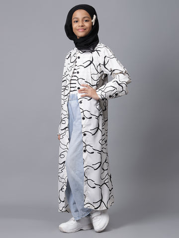 Nabia White Printed Front Open Abaya for Modest Kids Girls