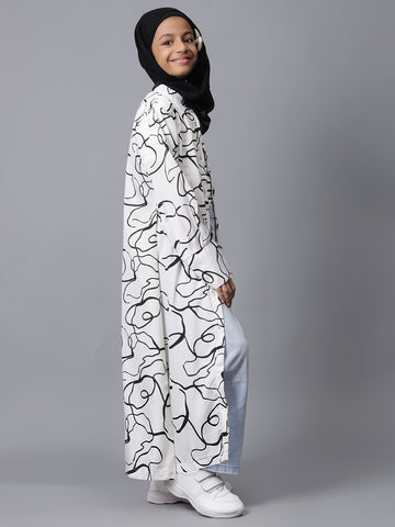 Nabia White Printed Front Open Abaya for Modest Kids Girls