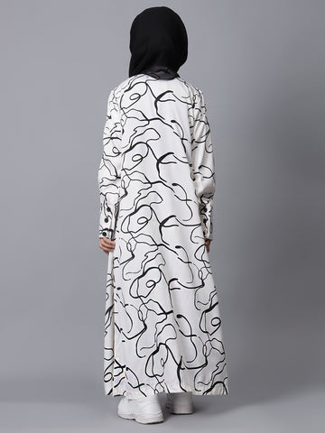 Nabia White Printed Front Open Abaya for Modest Kids Girls