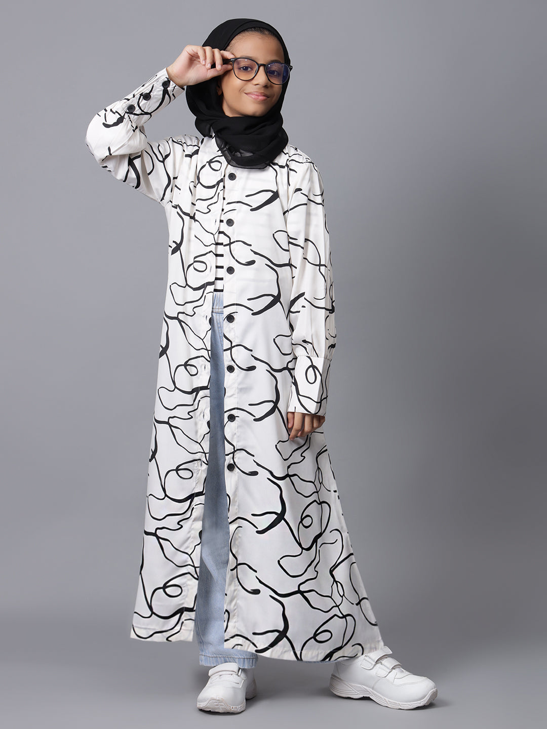 Nabia White Printed Front Open Abaya for Modest Kids Girls