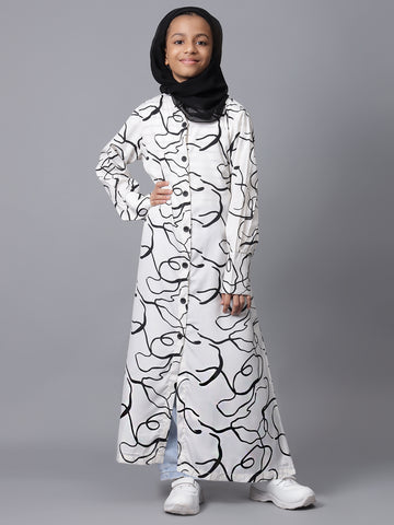 Nabia White Printed Front Open Abaya for Modest Kids Girls