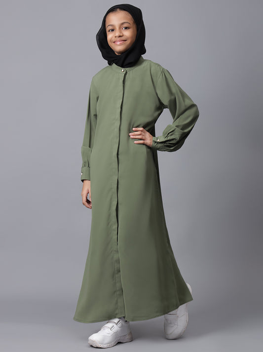 Nabia Jade Green Solid Front Open Abaya for Modest Kids Girls