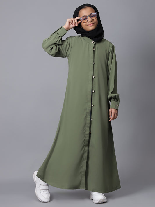 Nabia Jade Green Solid Front Open Abaya for Modest Kids Girls