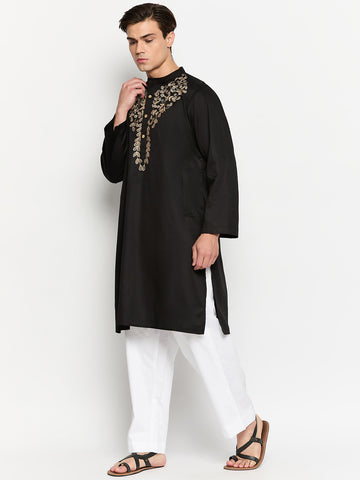 Black Solid Men's Kurta Pajama Set With Embroidery Details