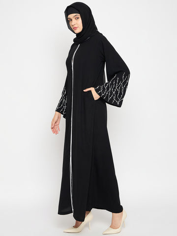 Nabia Women Black Solid Luxury Abaya Burqa With Hand Work Detailing