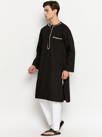 Black Solid Embroidery Details Men's Kurta