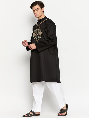 Embroidery Details Solid Long Sleeves Black Kurta For Men